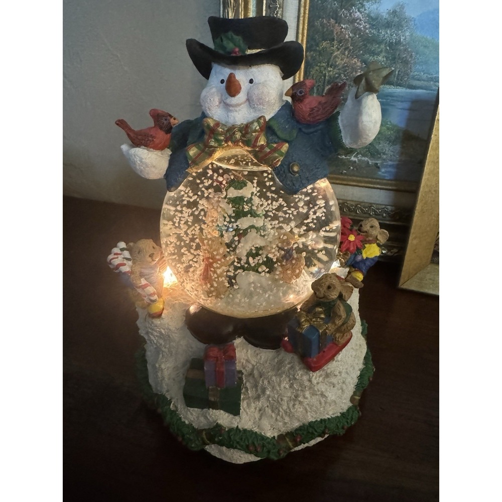 Vintage Three Jay's Musical Snowman Snow Globe Bunnies & Bears Woodland Holiday